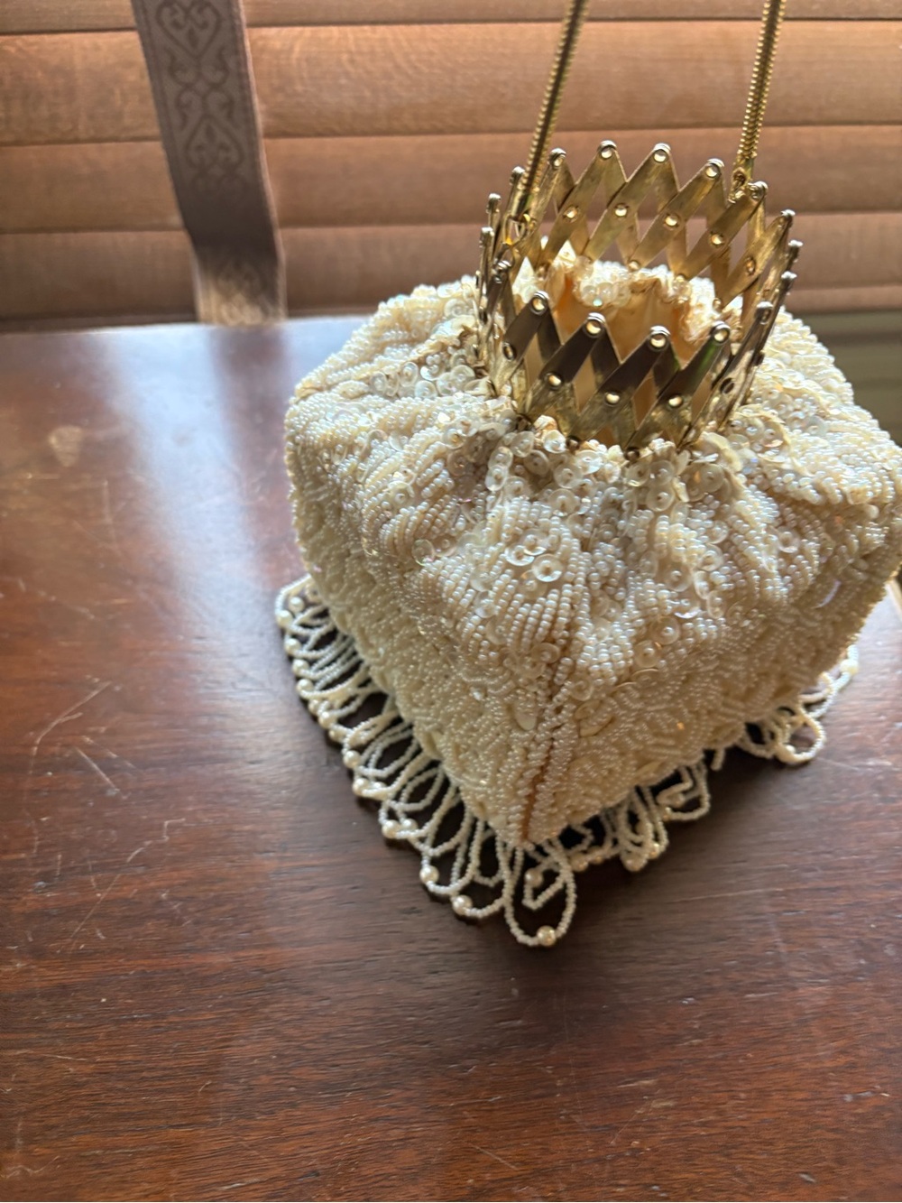 Handmade Ivory Beaded Decorative Purse with Gold Crown Accent
